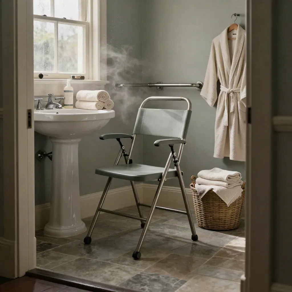 Bagno domestico senior curato con sedia doccia, lavabo, asciugamani e vapore mattutino.