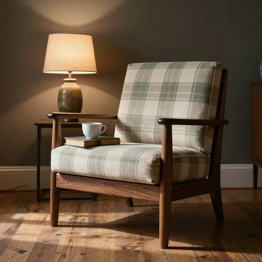 Poltrona da lettura con plaid, tazza e lampada accesa in un angolo accogliente.