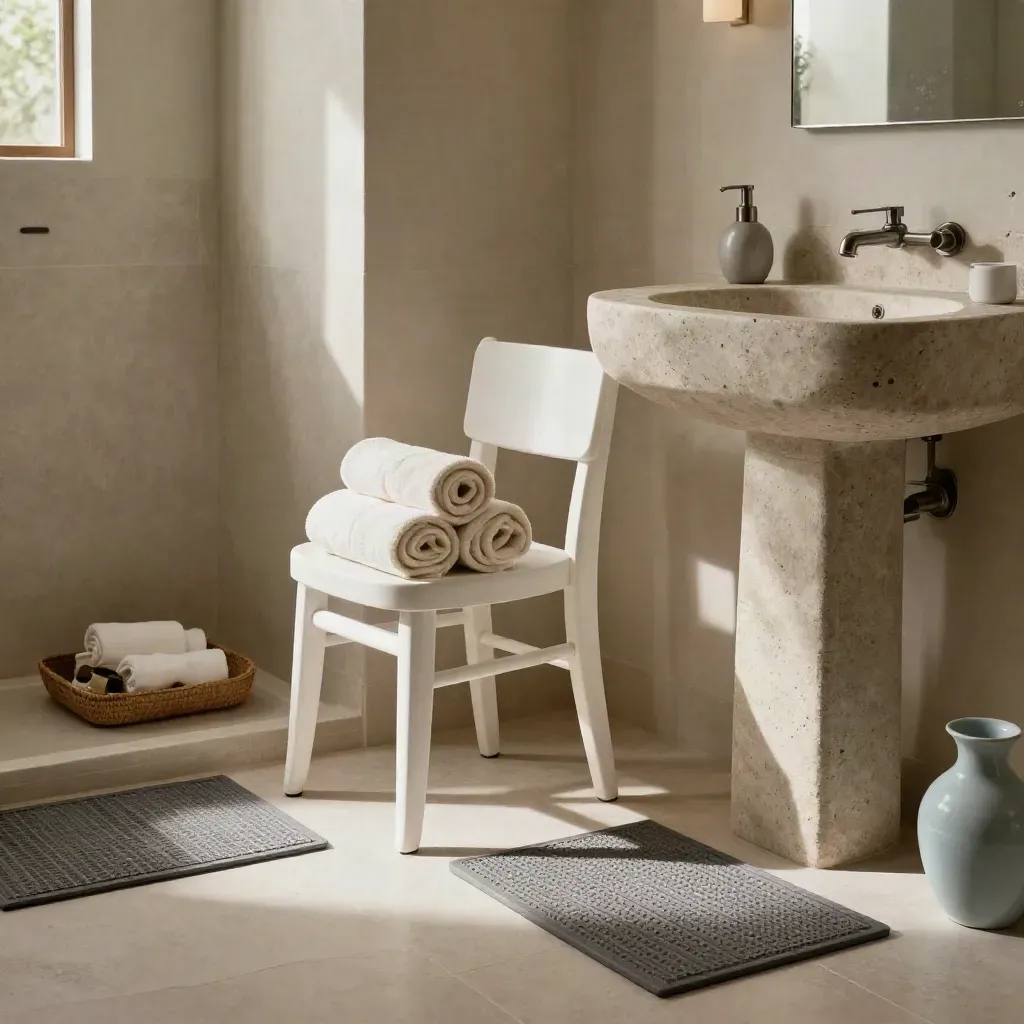 Bagno ordinato con sedia doccia, asciugamani arrotolati, tappetino antiscivolo e luce morbida