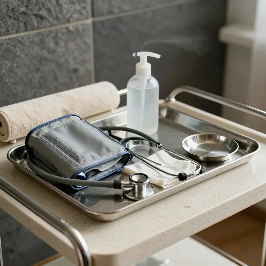 Carrello infermieristico domestico con bracciale, stetoscopio, garze e disinfettante su travertino.