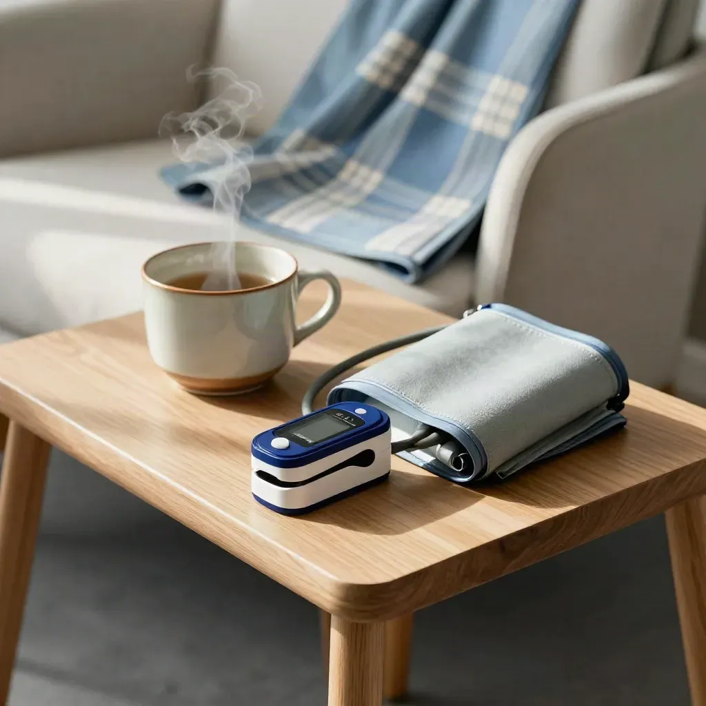 Angolo domestico con saturimetro spento, bracciale pressione, tazza e plaid su poltrona.