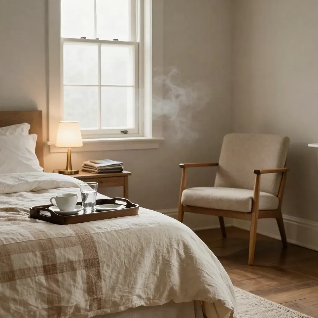 Camera da letto ordinata con vassoio colazione, lampada accesa e sedia vicina al letto.