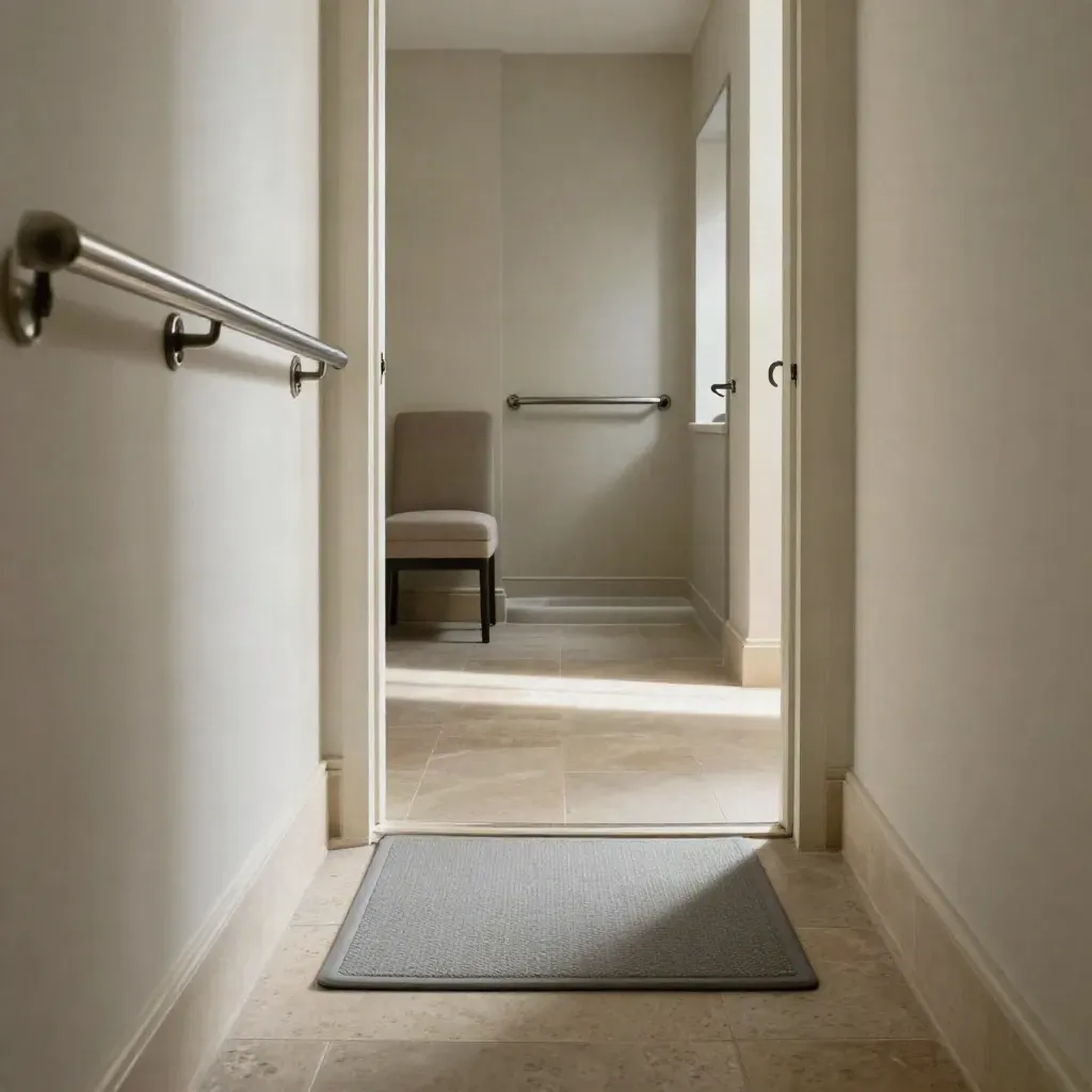 Corridoio e bagno sicuri con corrimano, tappeto antiscivolo, sedia stabile e luce guida bassa.