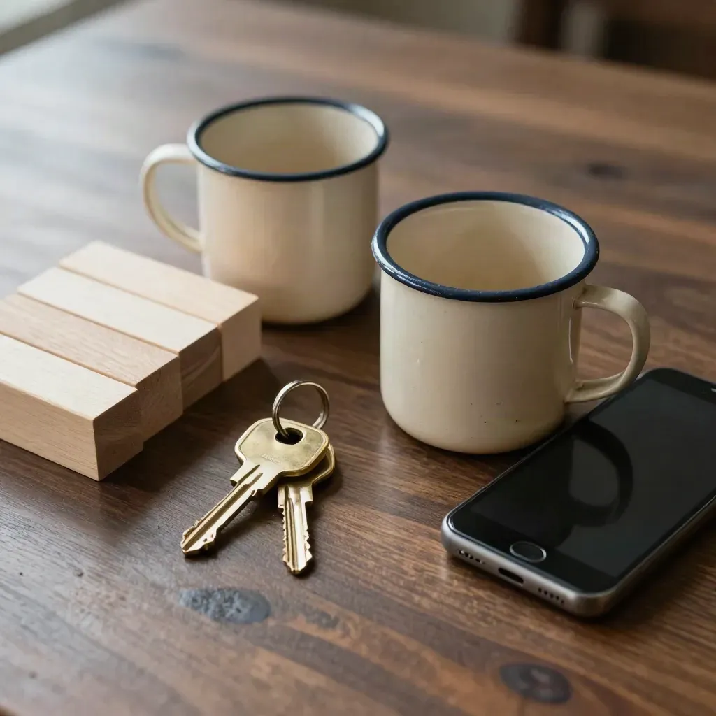 Blocchi in legno, chiavi di casa, tazze smaltate e telefono su legno scuro