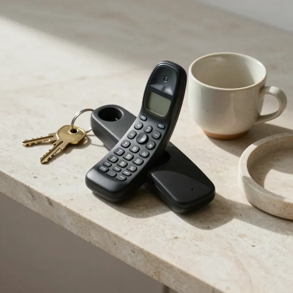 Telefono cordless, chiavi, tazza in ceramica e vassoio d’ingresso su pietra, luce morbida dall’alto.