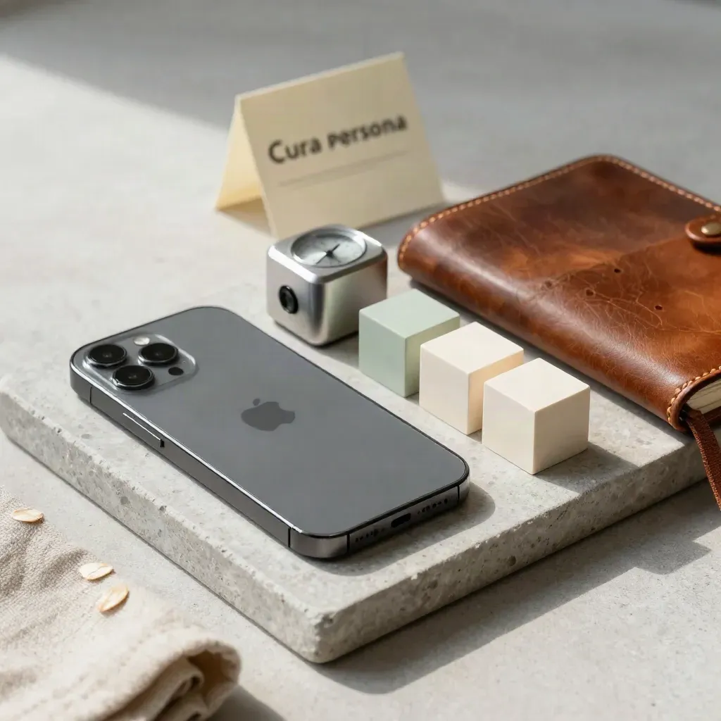 Telefono, timer e quaderno su vassoio di pietra con accento salvia, luce morbida.