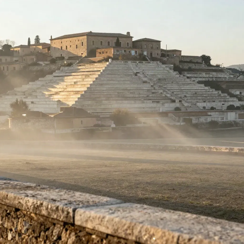 Tivoli al primo sole sopra una valle velata, con terrazze in travertino e luce dorata.