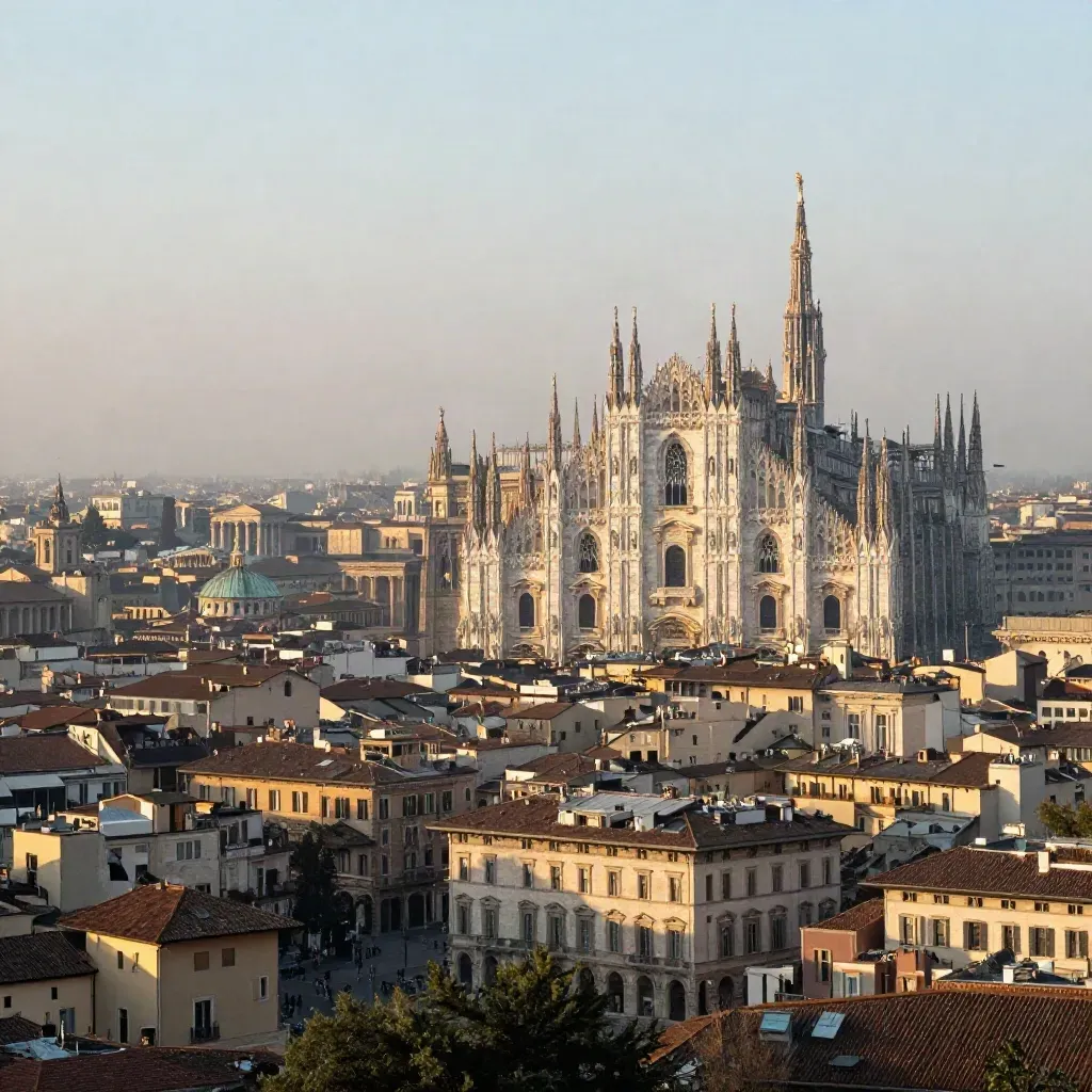 Duomo di Milano e tetti di Lombardia immersi nella foschia dorata del mattino