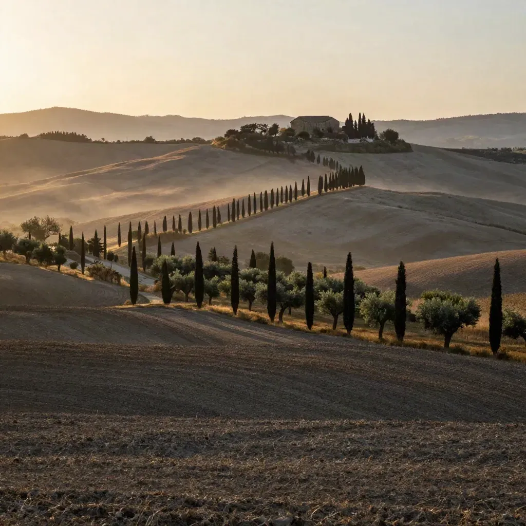 Colline toscane al tramonto con cipressi, campi arati e foschia calda