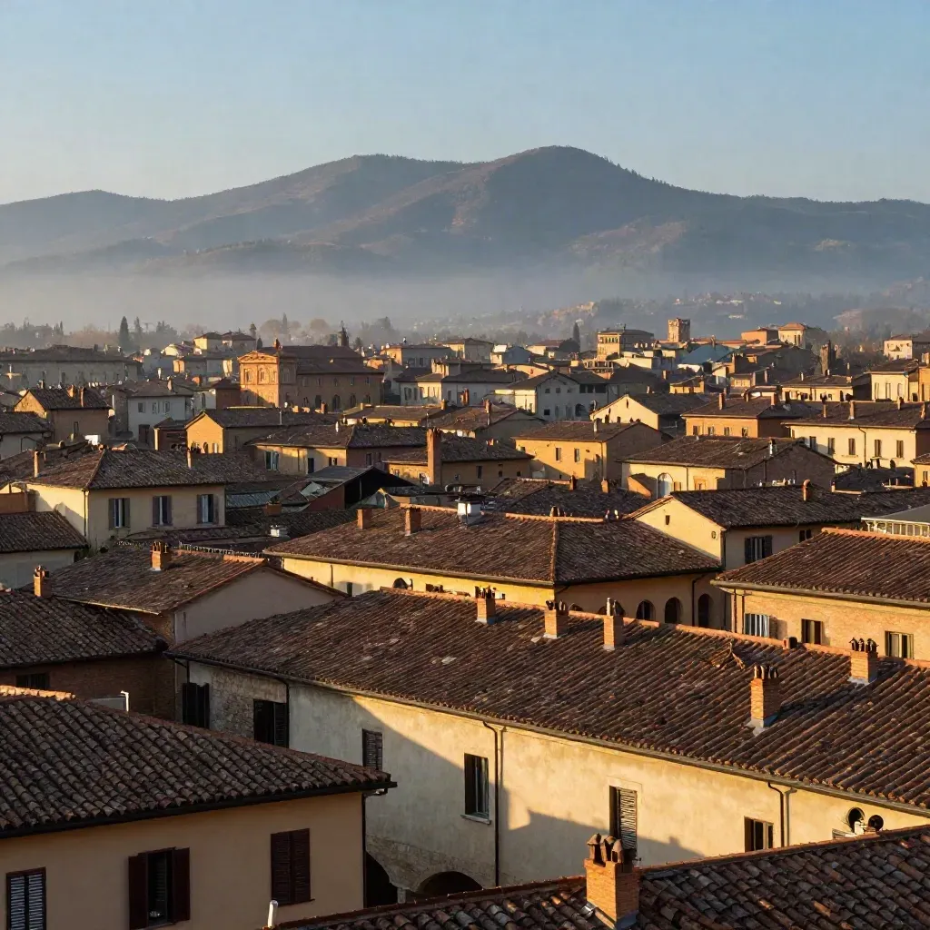 Panorama di Bologna con tetti in terracotta e colline appenniniche al tramonto.